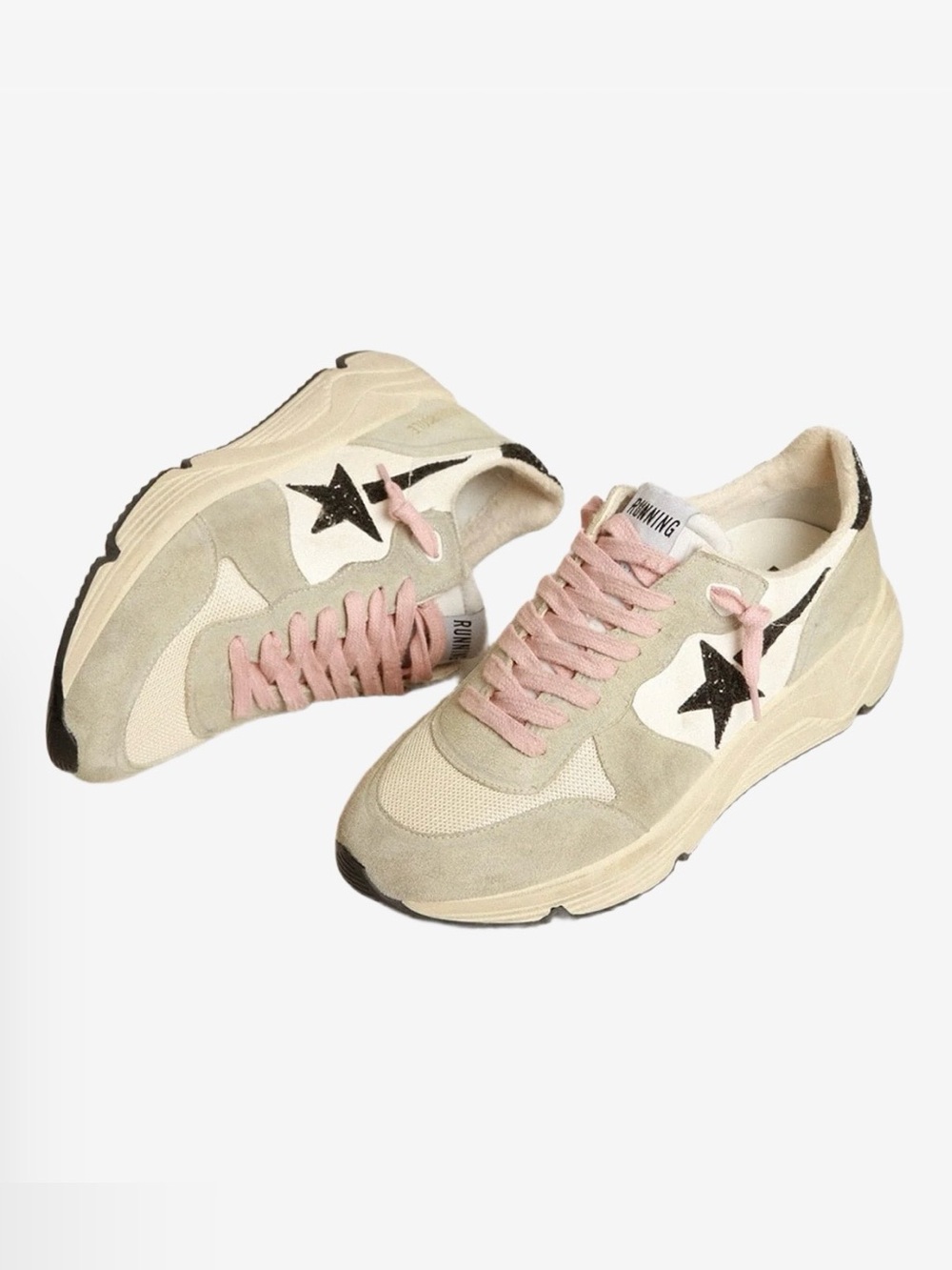 Golden Goose Running Sole Suede Sneakers with Black Glitter Star and Pink Laces